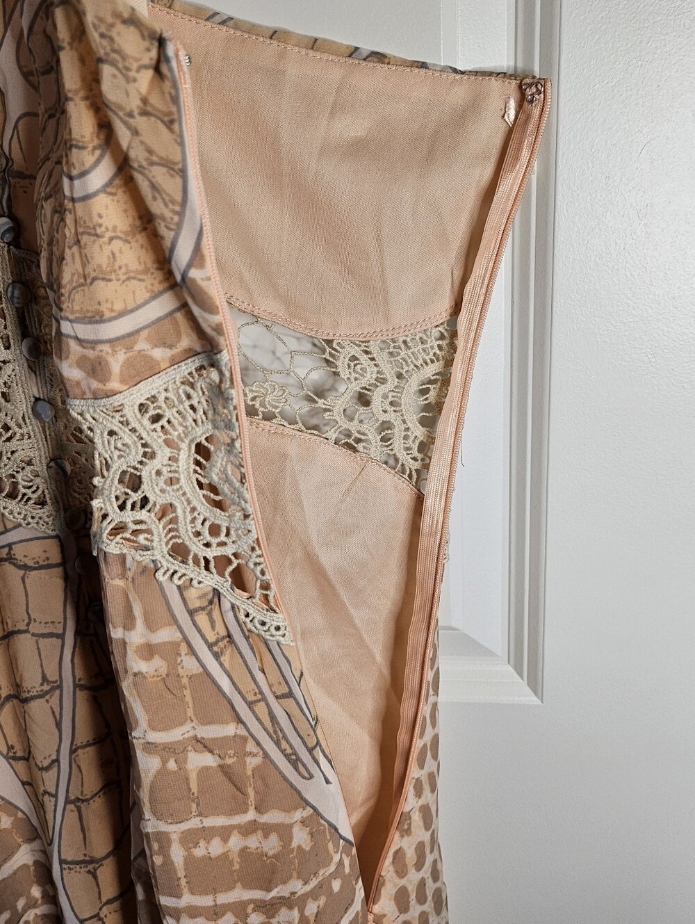 Virgin Only Women's L Boho Maxi Dress Crochet Lace Animal Print Racerback Peach - Picture 11 of 16